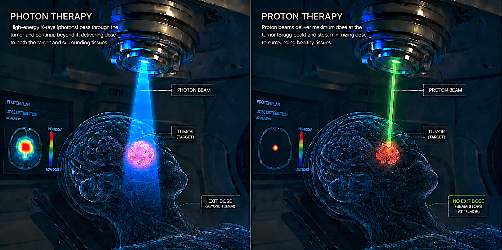 Comparison: photon therapy continues beyond the tumor while proton therapy stops at the tumor, sparing healthy tissue